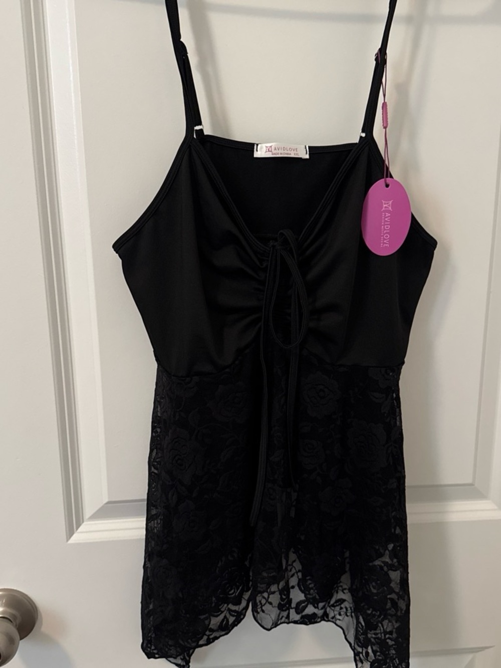 Love Black Lace-Detail Chemise with Front Tie